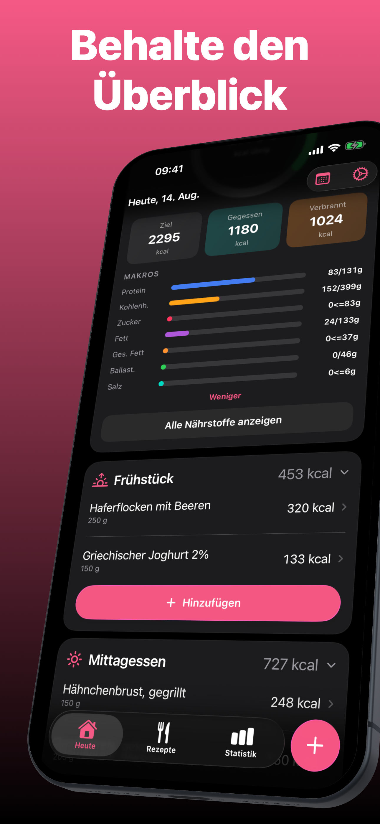 Dashboard mit Kalorien und Makros in Intake